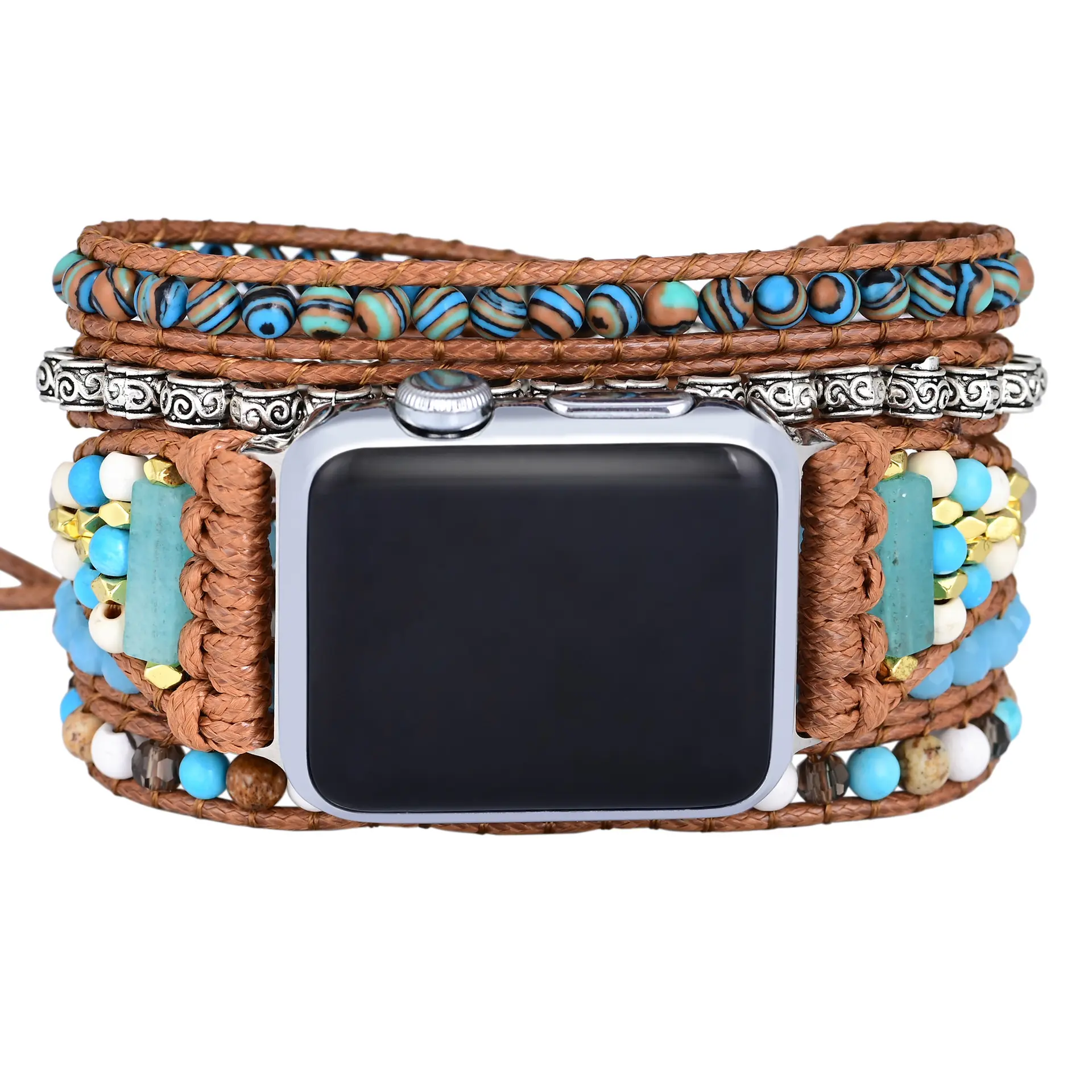 Handwoven 5-Layer Natural Stone & Crystal Wrap Apple Watch Band (2)