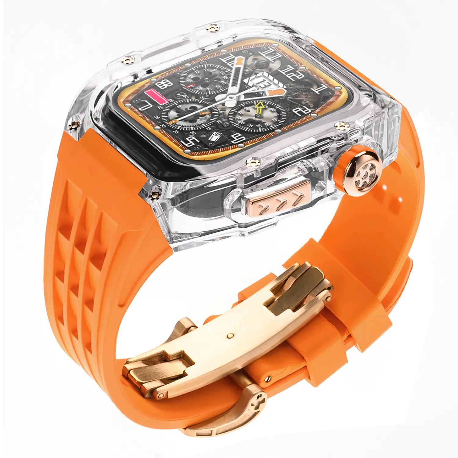 Orange Transparent Mod Case with Metal Crown for Apple Watch Strap (2)